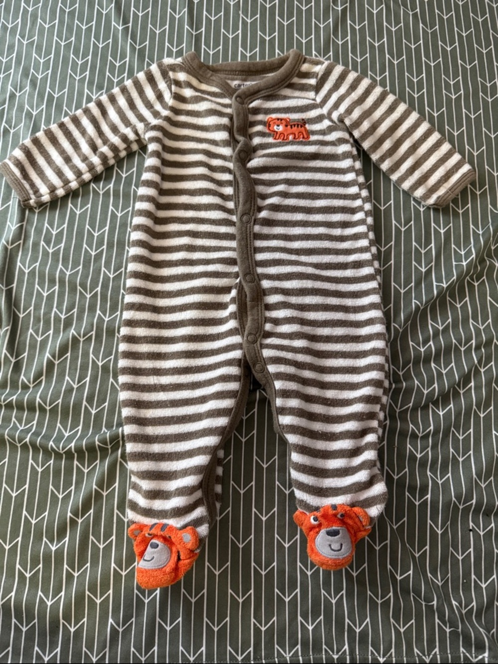 Carter's Brown & White Striped Footed One-Piece with Orange Animal Details